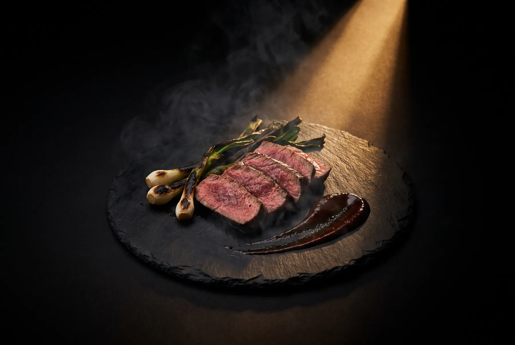 Aufgeschnittenes Steak mit Beilage auf einer Schieferplatte im Lichtkegel